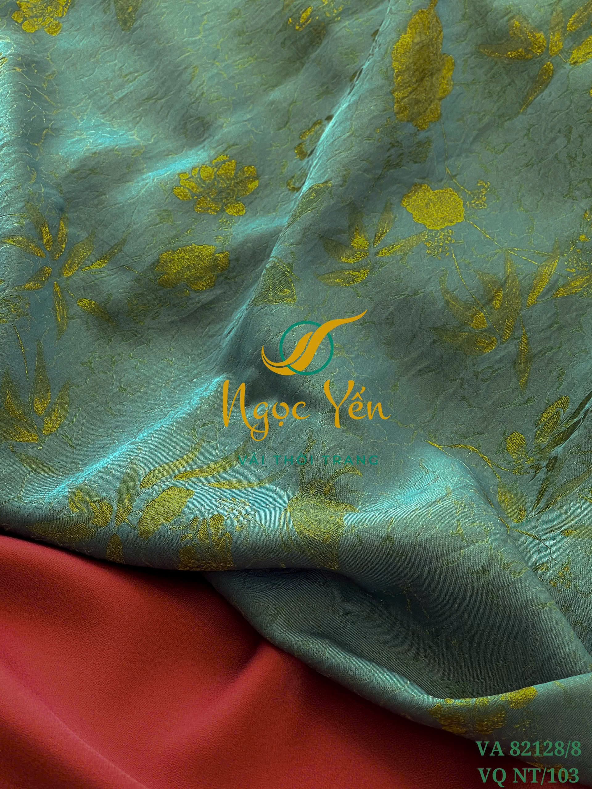 VA 82128/8-Vải áo dài lụa tơ tằm tencel họa tiết lá tre xanh