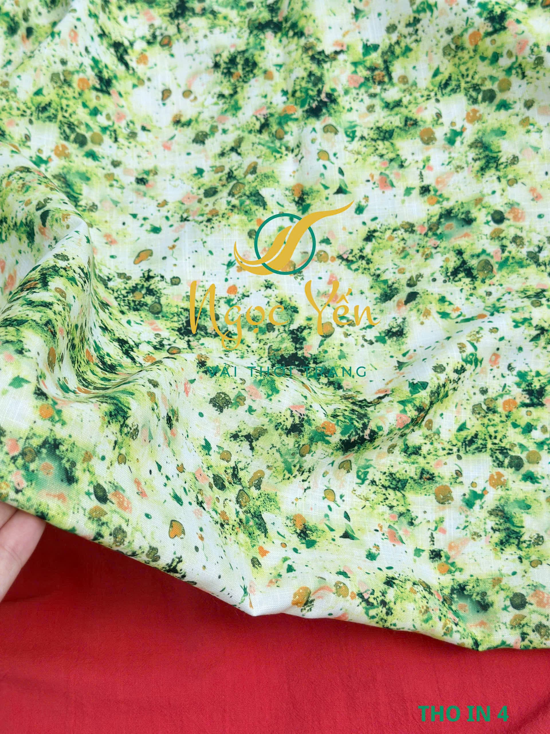 THO IN 4-Vải thô in họa tiết xanh lá