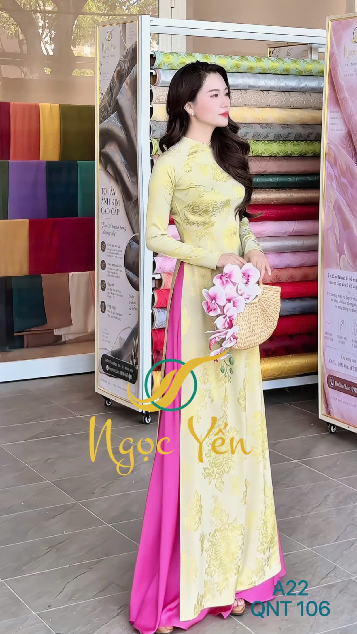 A22-Vải áo dài lụa cổ trụ, tay dài hoa xanh lơ
