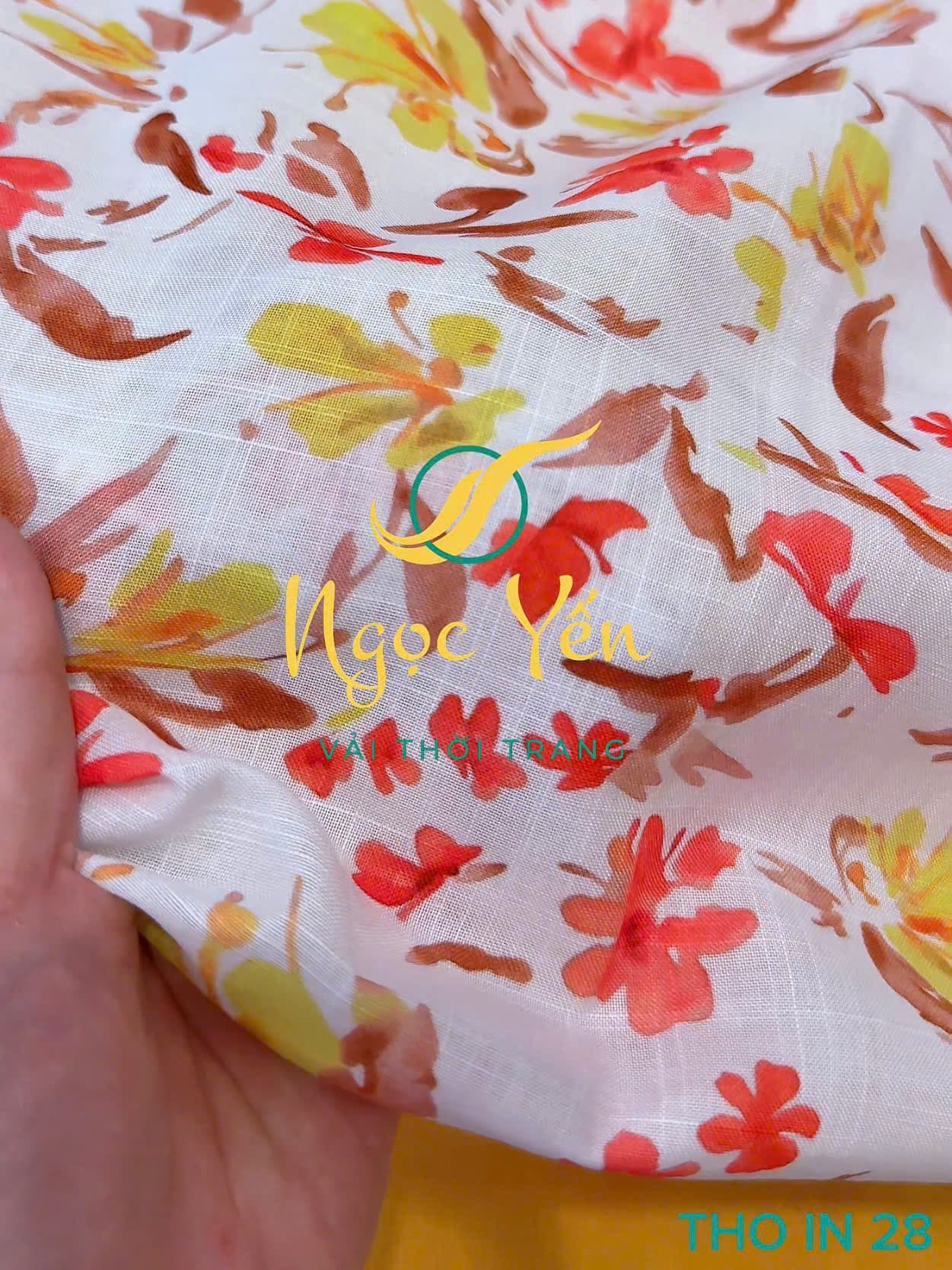 THO IN 28-Vải thô linen in hoa đỏ vàng