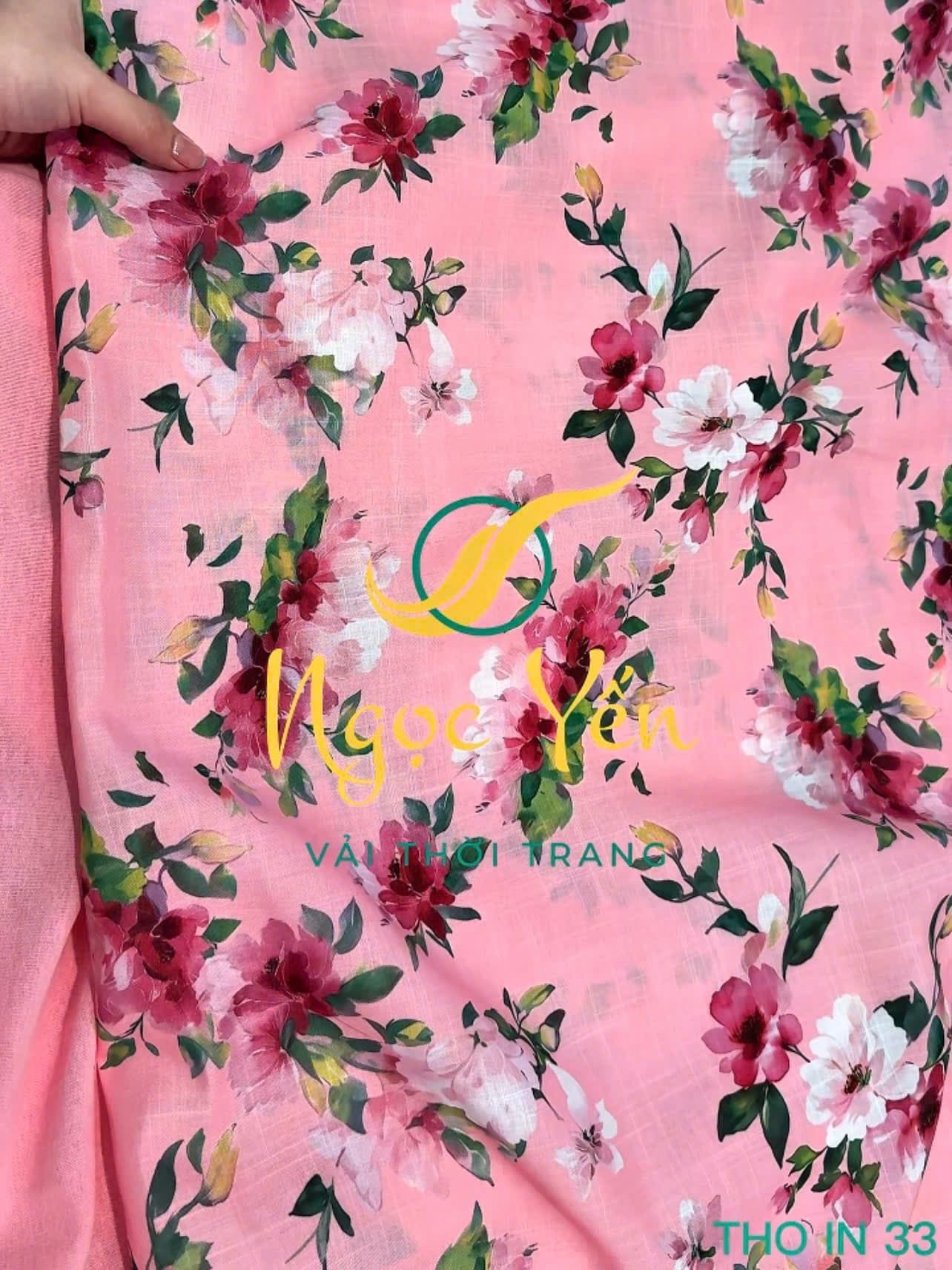 THO IN 33-Vải thô linen in hoa nền hồng