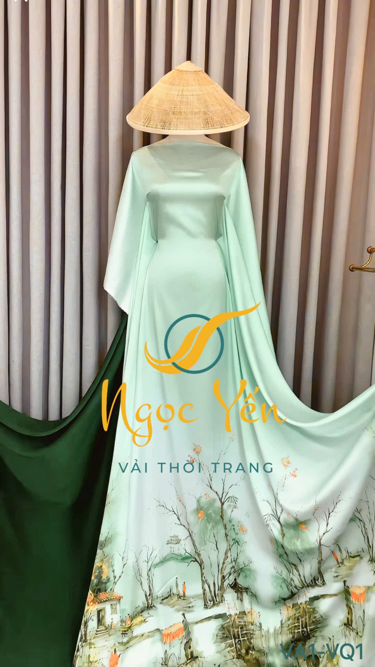 VA1-Vải áo lụa ngọc trai in họa tiết phong cảnh màu xanh mint