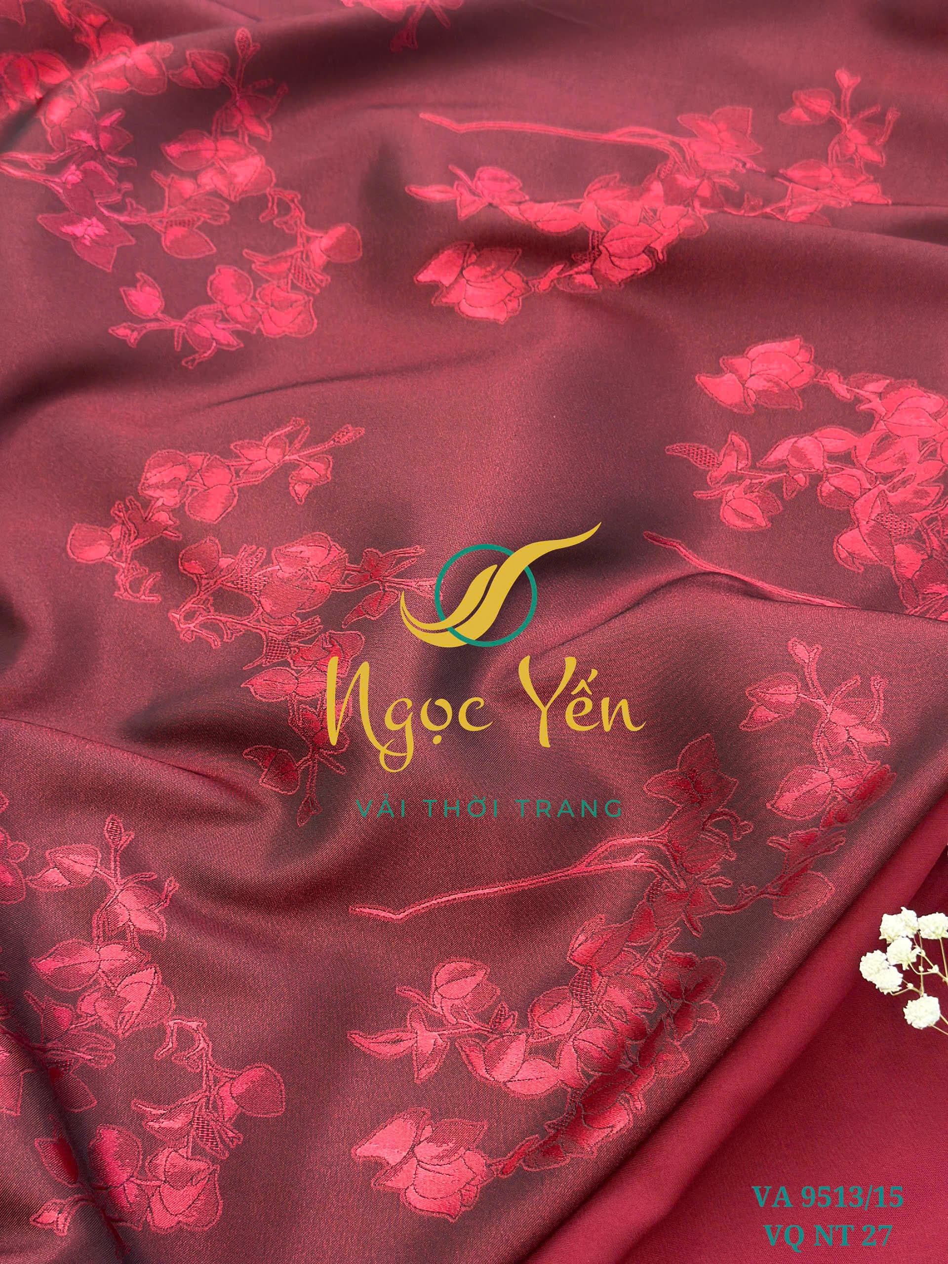 VA 9513/15-Vải áo dài lụa họa tiết hoa đỏ