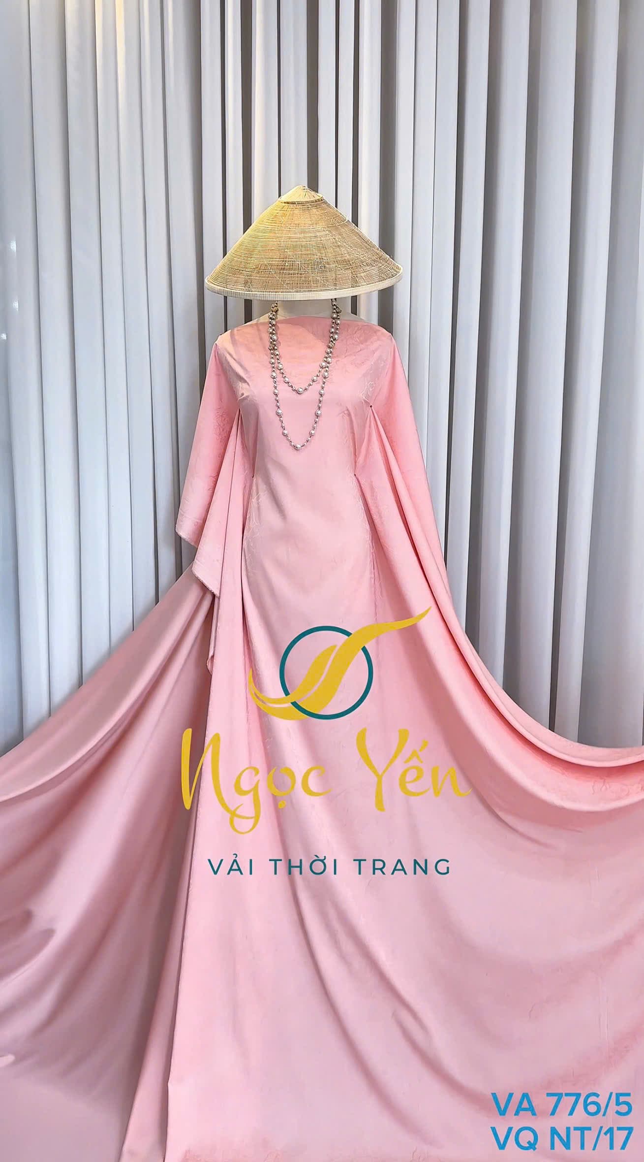 VA 776/5-Vải áo lụa ngọc trai thêu họa tiết hoa màu hồng