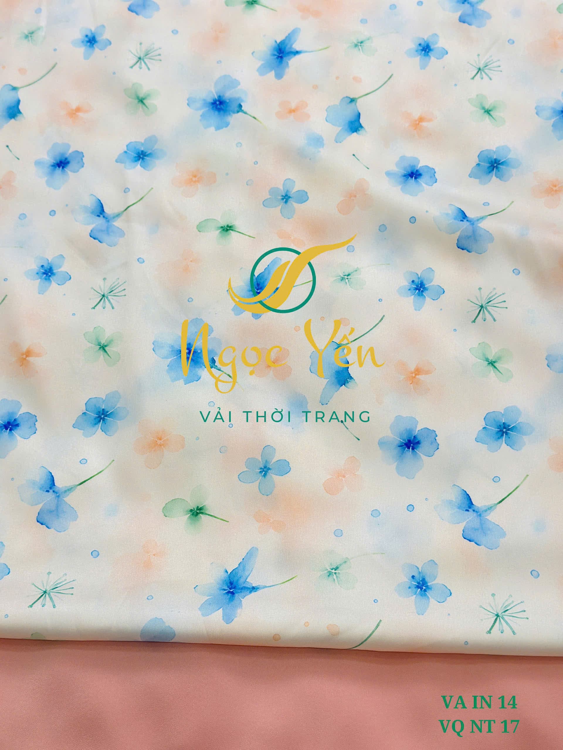 VA IN 14-Vải áo dài lụa latin họa tiết hoa xanh dương