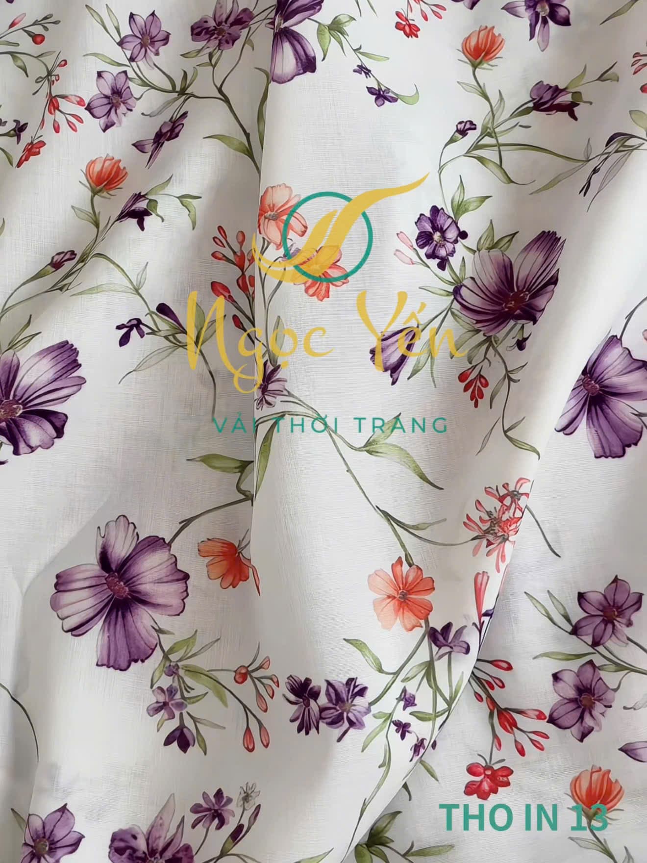 THO IN 13-Vải thô in họa tiết hoa tím