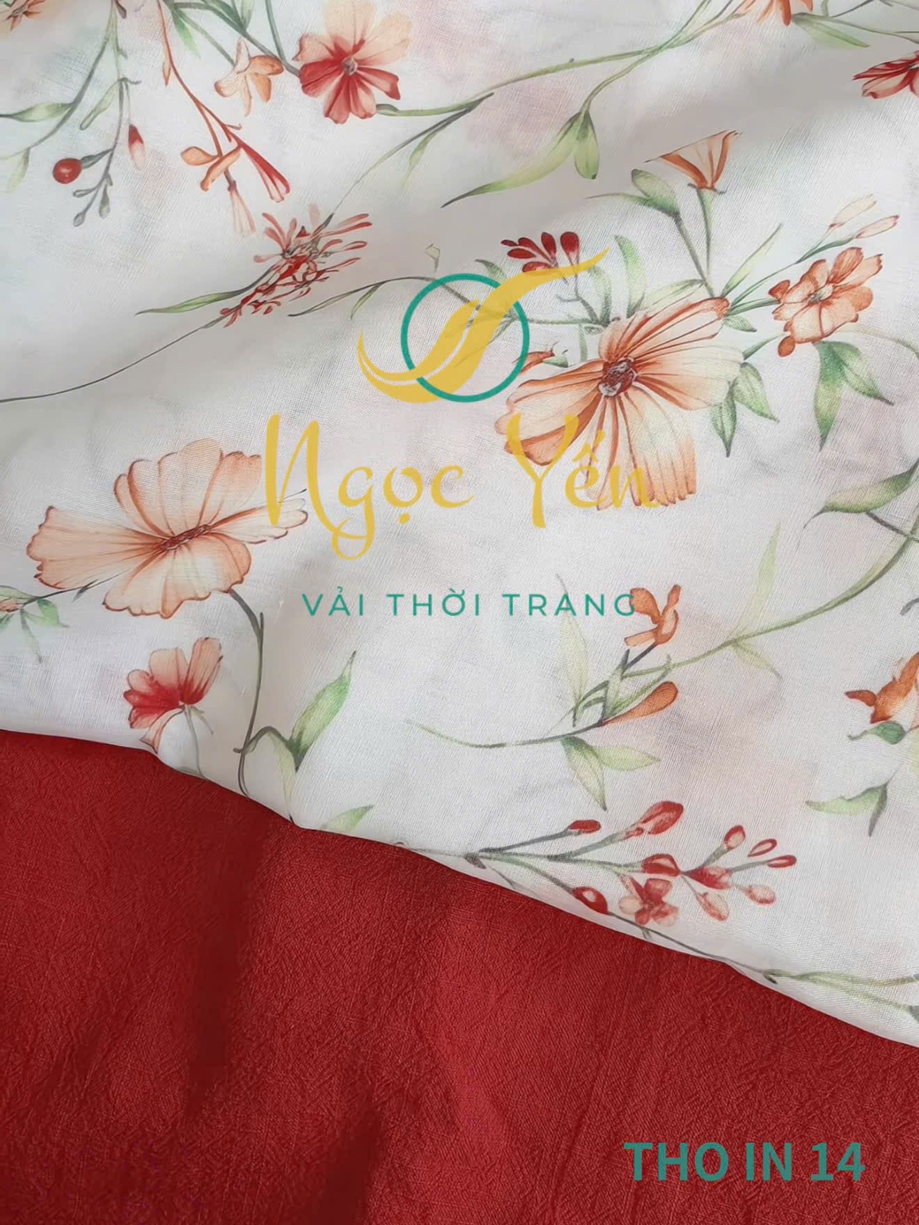 THO IN 14-Vải thô in họa tiết hoa đỏ cam