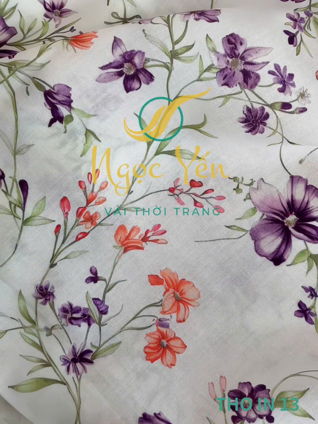 THO IN 13-Vải thô in họa tiết hoa tím