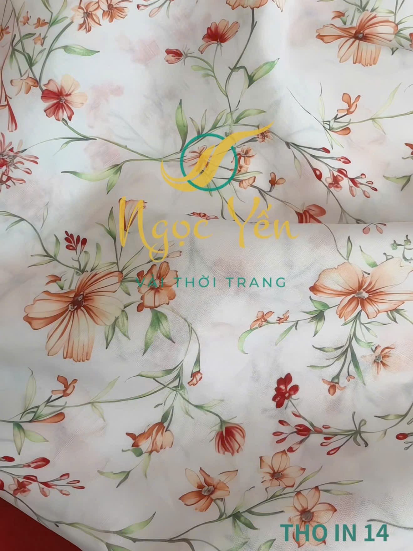 THO IN 14-Vải thô in họa tiết hoa đỏ cam