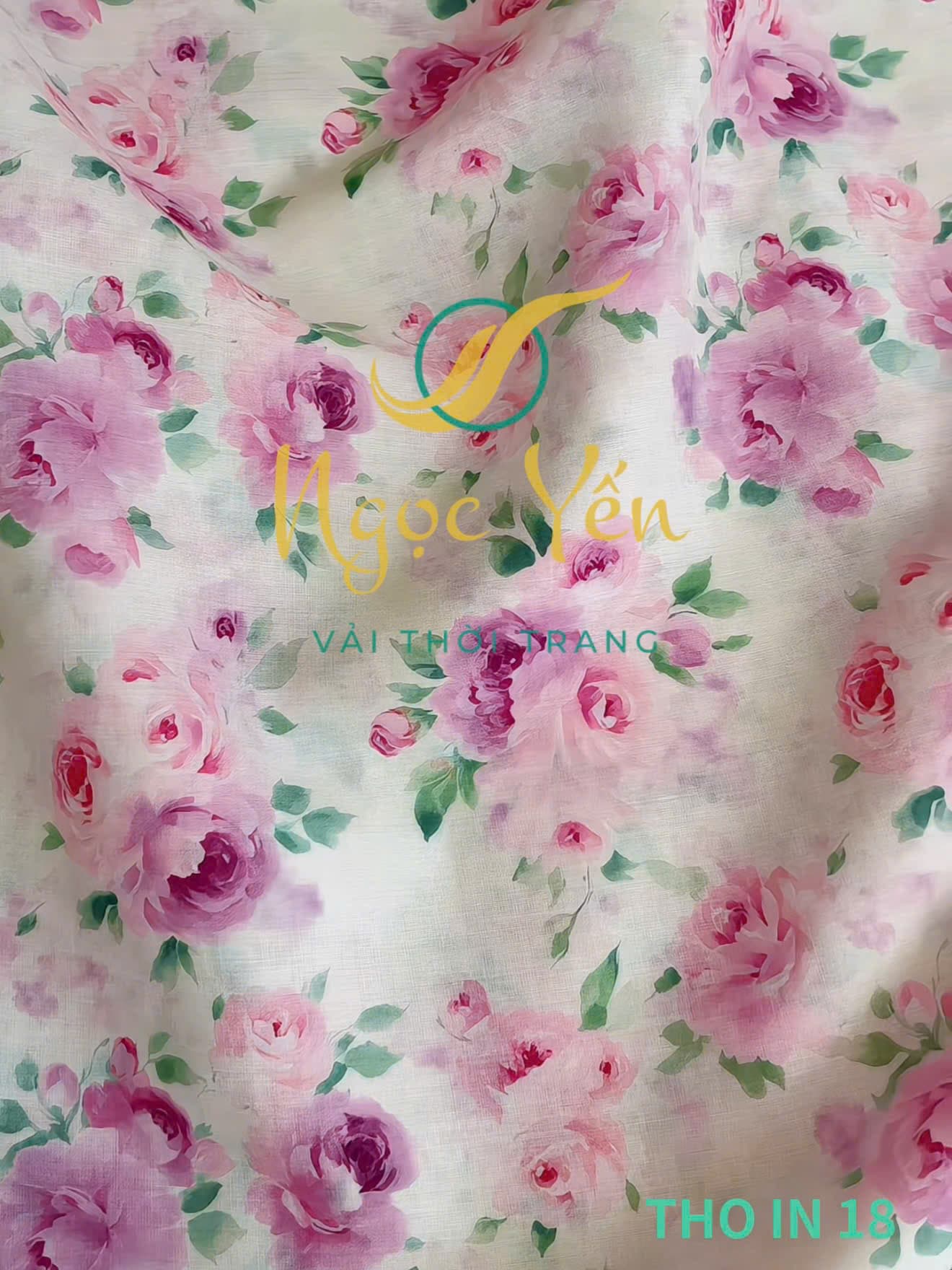THO IN 18-Vải thô in họa tiết hoa hồng tím