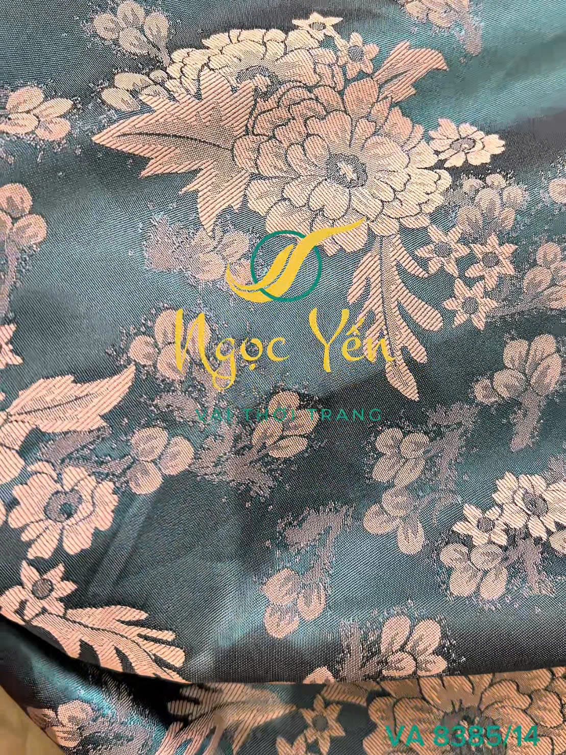VA 8385/14-Vải lụa gấm in hoa xanh nền nâu