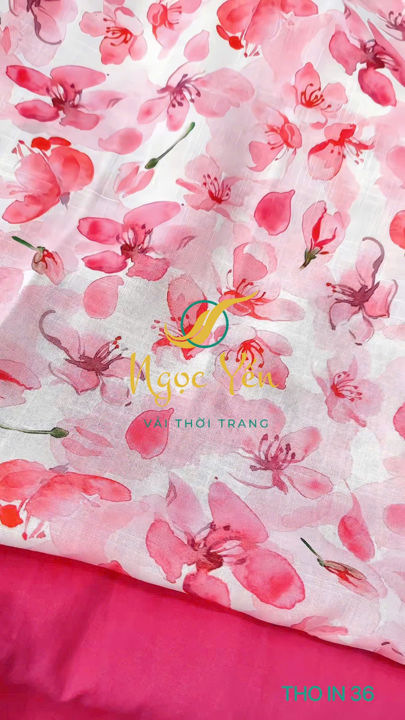 THO IN 36-Vải thô in linen hoa hồng
