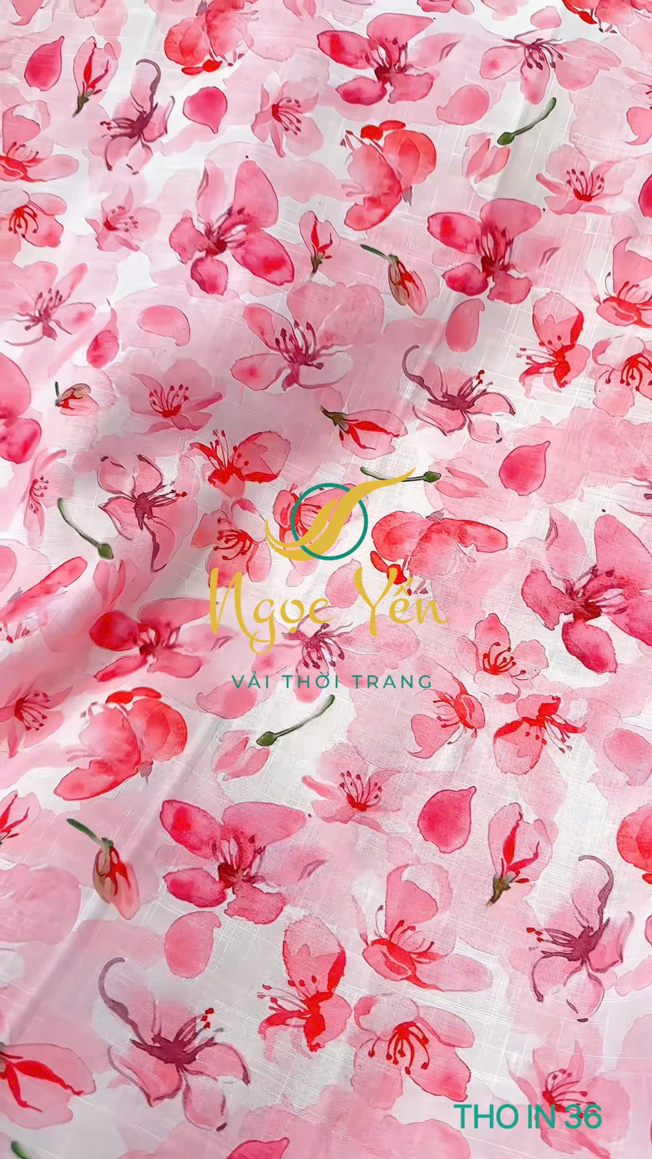 THO IN 36-Vải thô in linen hoa hồng