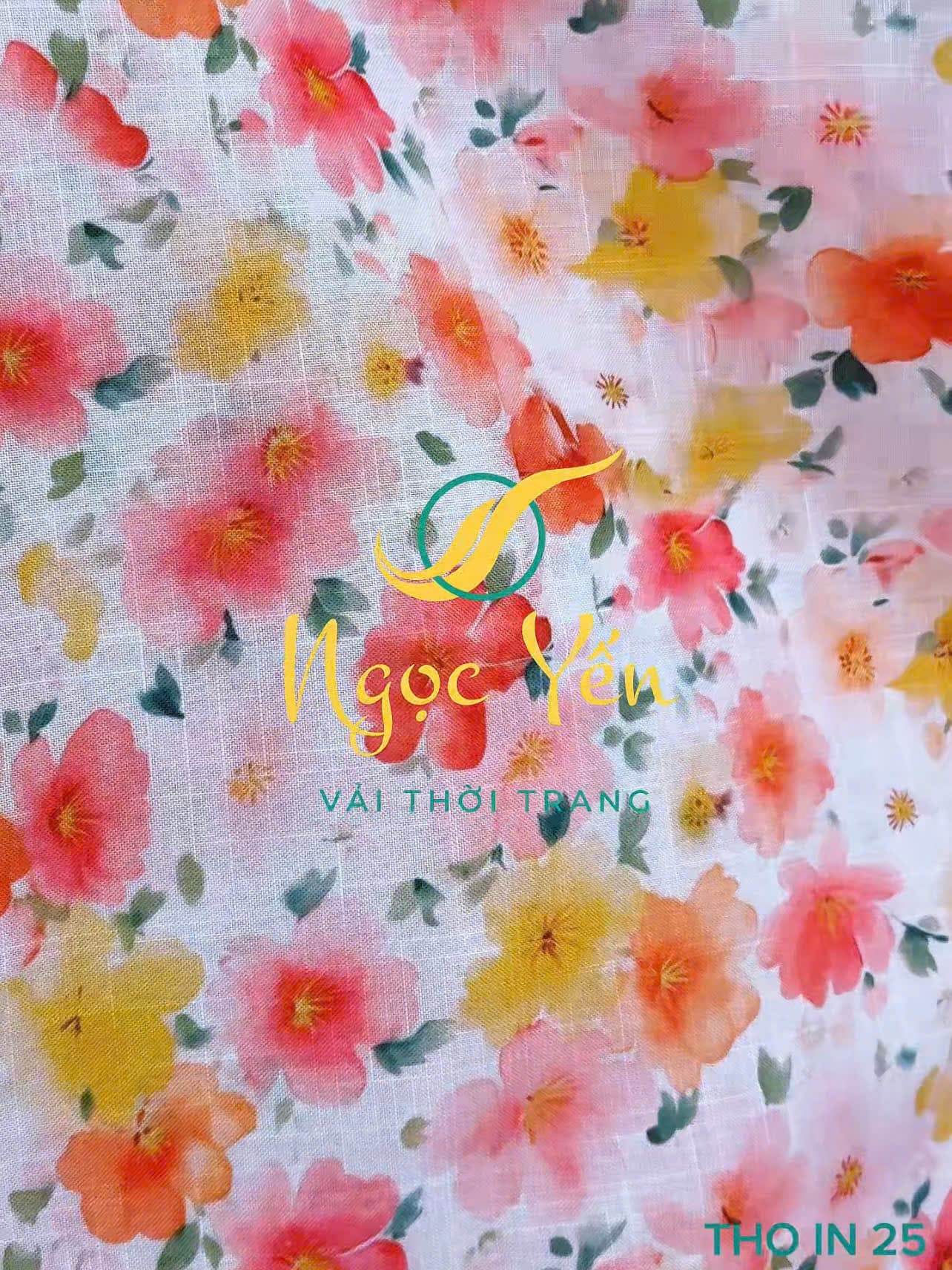 THO IN 25-Vải thô linen in hoa nhí hồng vàng