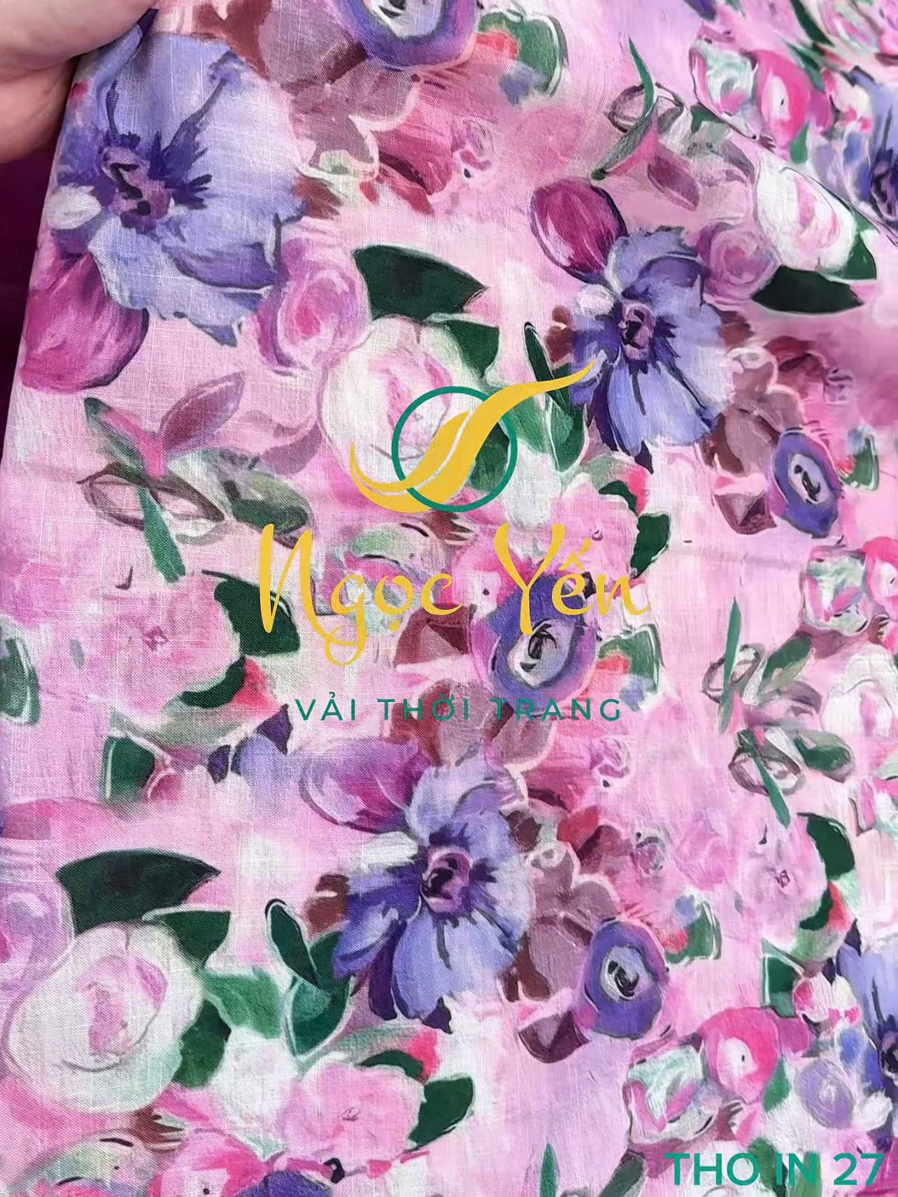 THO IN 27-Vải thô linen in hoa tím hồng