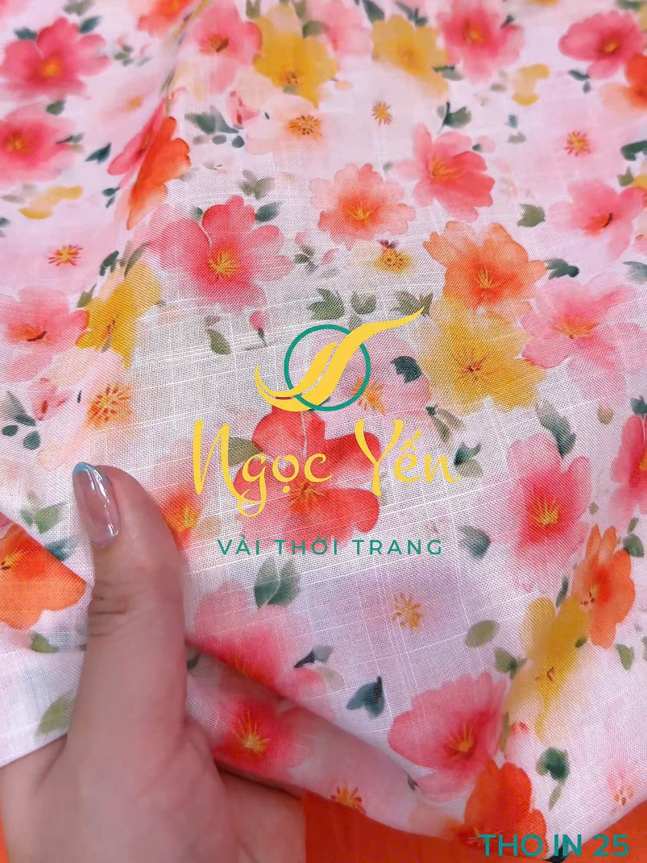 THO IN 25-Vải thô linen in hoa nhí hồng vàng