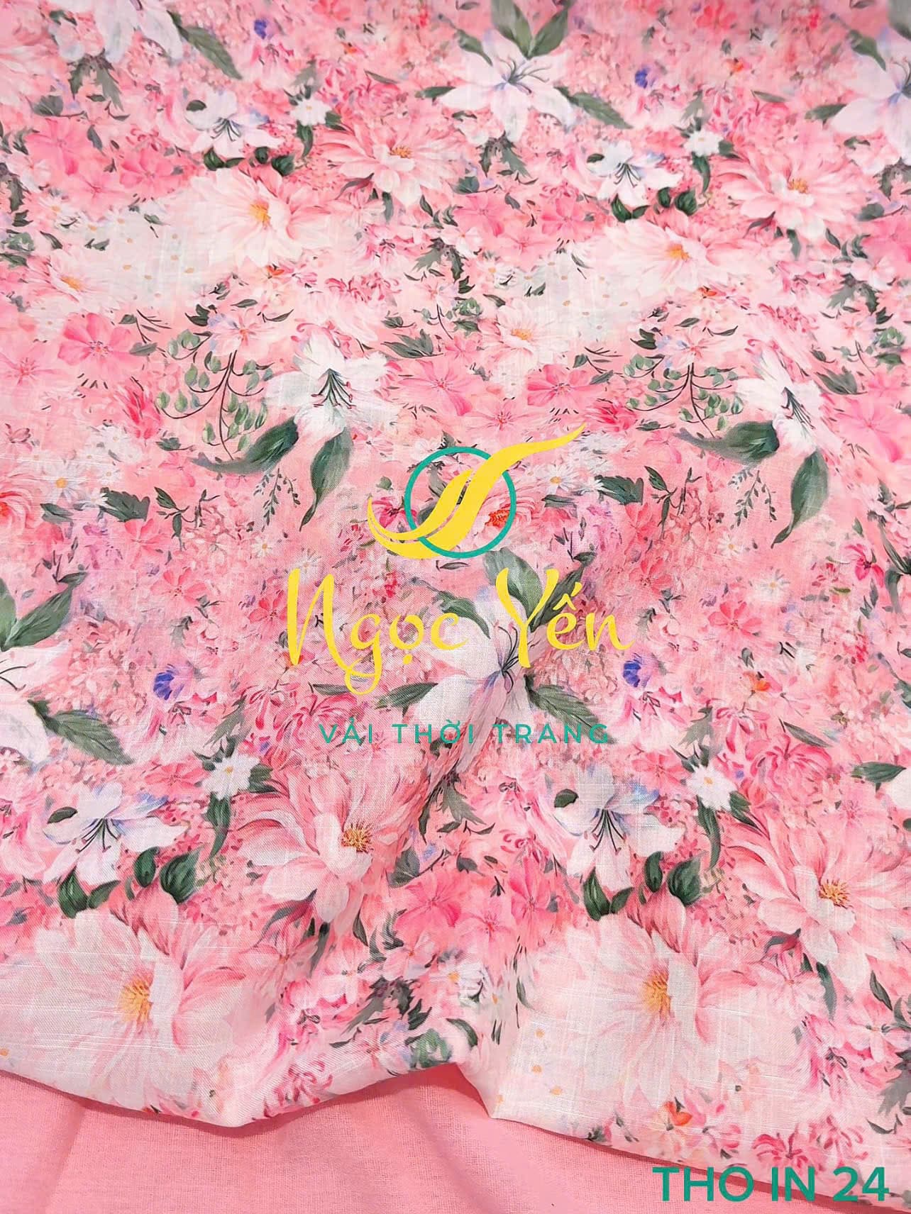 THO IN 24-Vải thô linen in hoa hồng