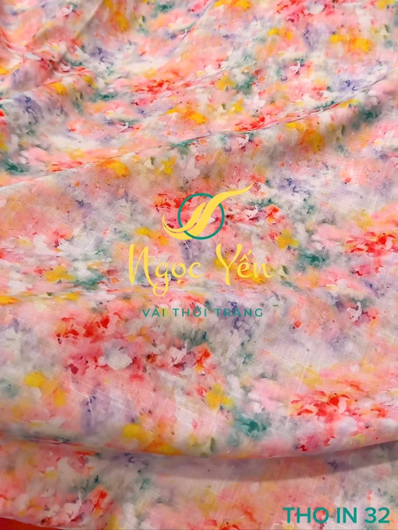 THO IN 32-Vải thô linen in hoa loang màu