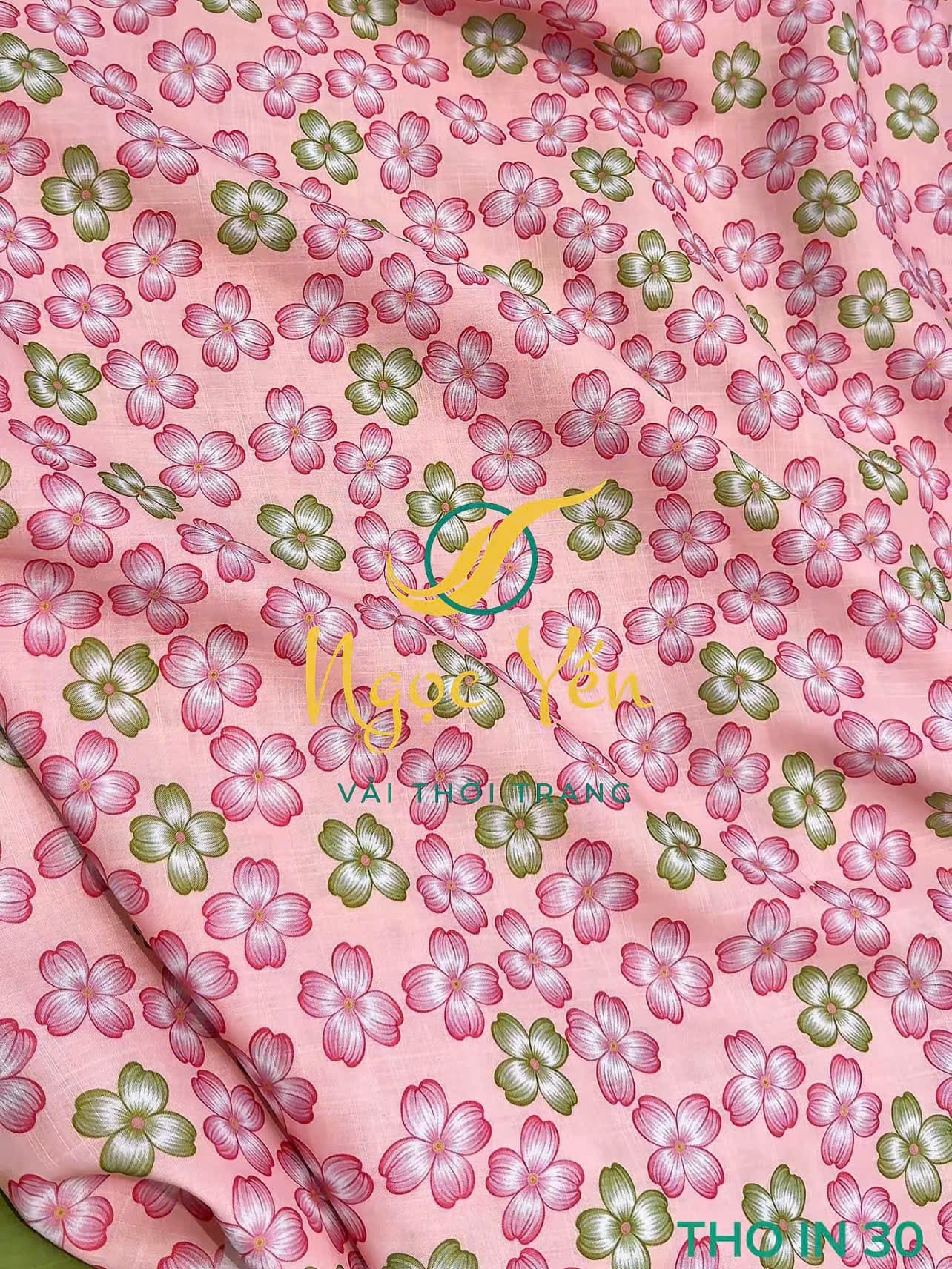 THO IN 30-Vải thô linen in hoa 4 cánh hồng xanh