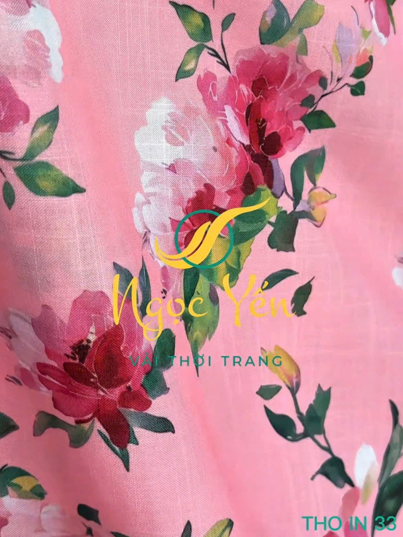 THO IN 33-Vải thô linen in hoa nền hồng