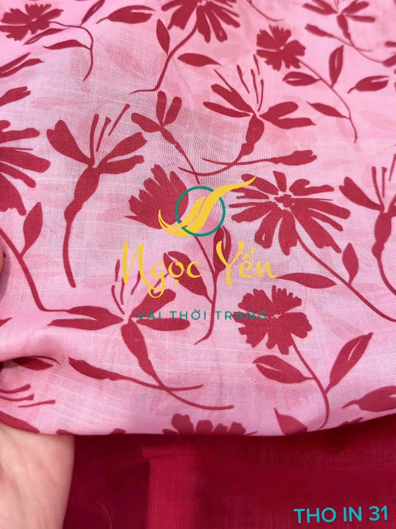 THO IN 31-Vải thô linen in cành hoa hồng