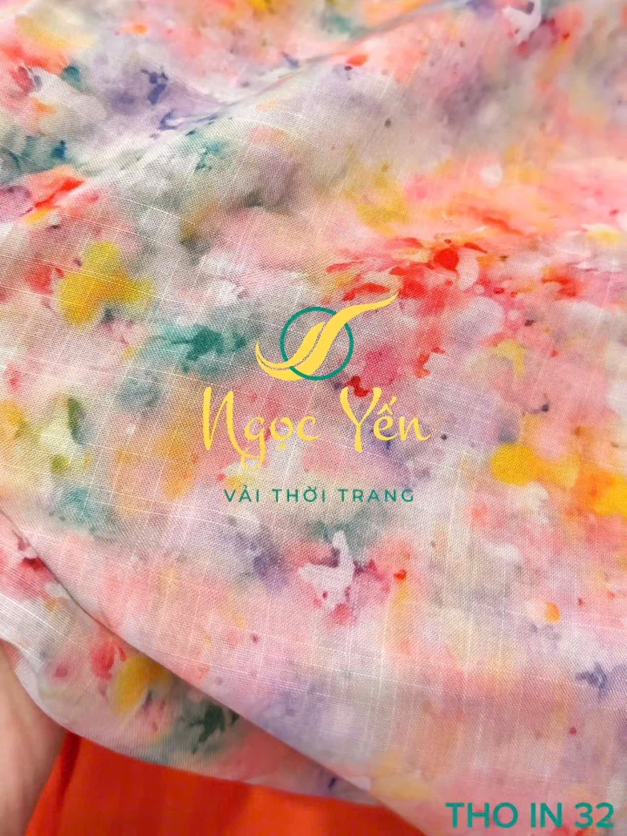 THO IN 32-Vải thô linen in hoa loang màu